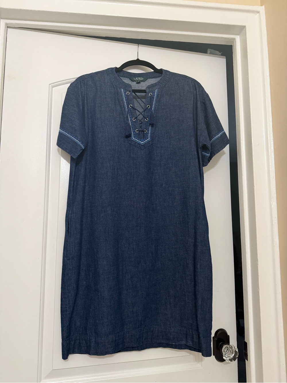 Lauren Ralph Lauren Navy Denim-Look Lace-Up Short Sleeve Dress
